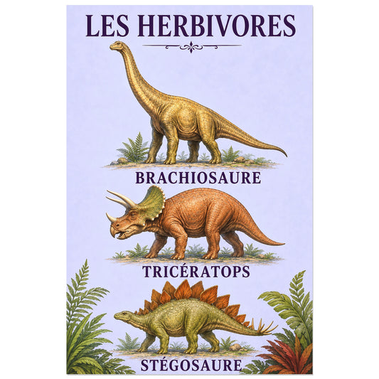 Affiche Les herbivores – Géants paisibles, planche naturaliste illustrée / affiche vintage verticale, format 30 × 45 cm