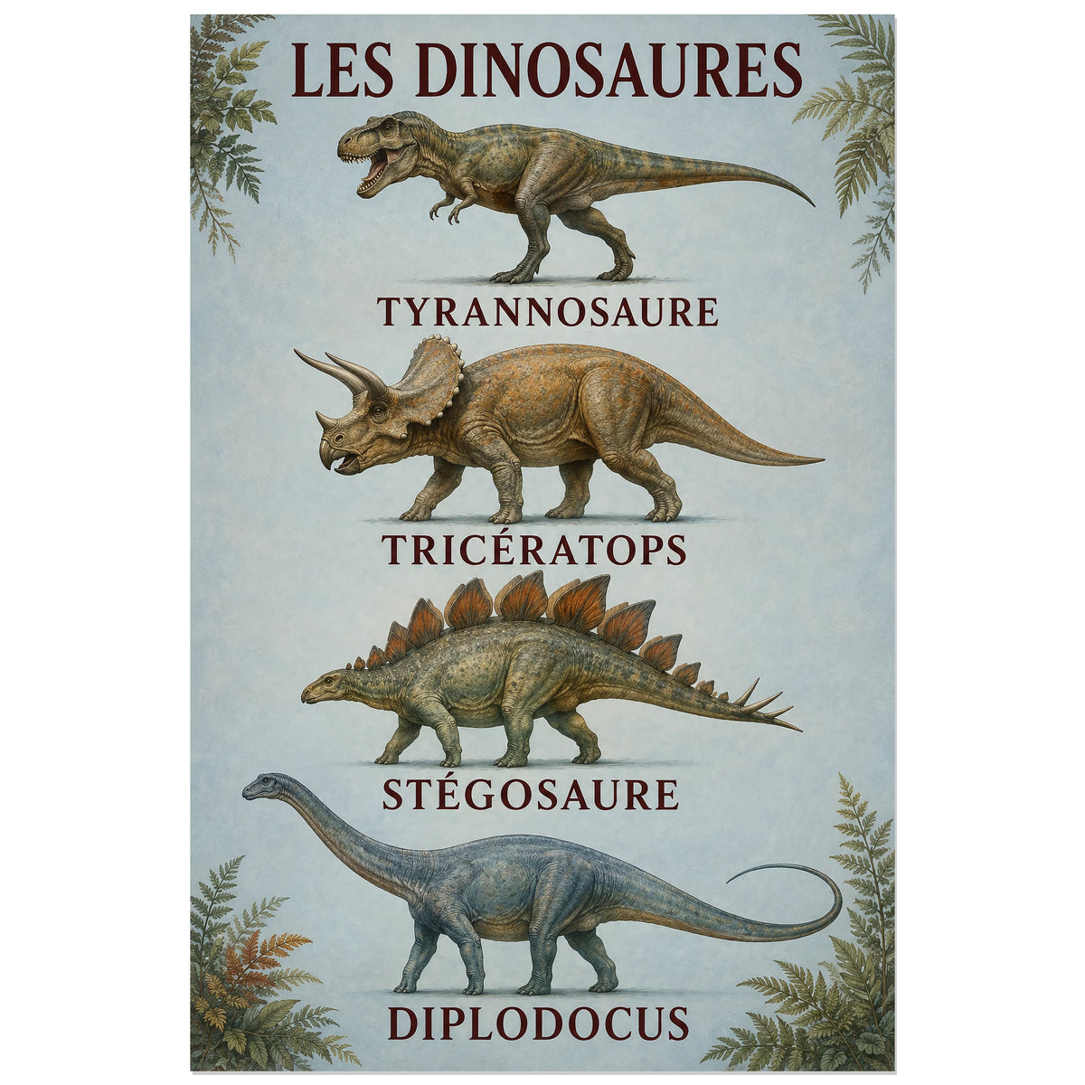 Affiche Les dinosaures – Quatre silhouettes remarquables, planche naturaliste illustrée / affiche vintage verticale, format 30 × 45 cm
