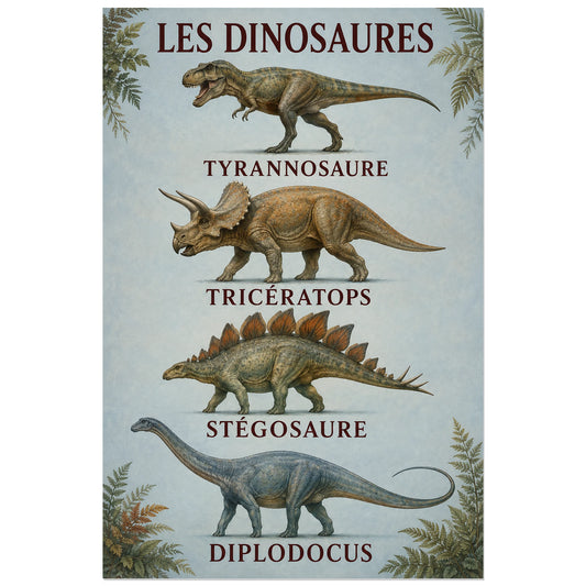 Affiche Les dinosaures – Quatre silhouettes remarquables, planche naturaliste illustrée / affiche vintage verticale, format 30 × 45 cm
