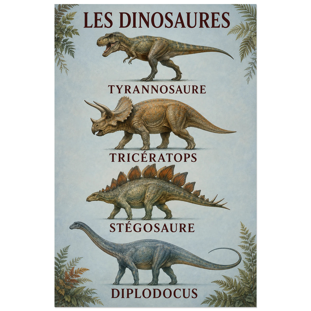 Affiche Les dinosaures – Quatre silhouettes remarquables, planche naturaliste illustrée / affiche vintage verticale, format 40 × 60 cm