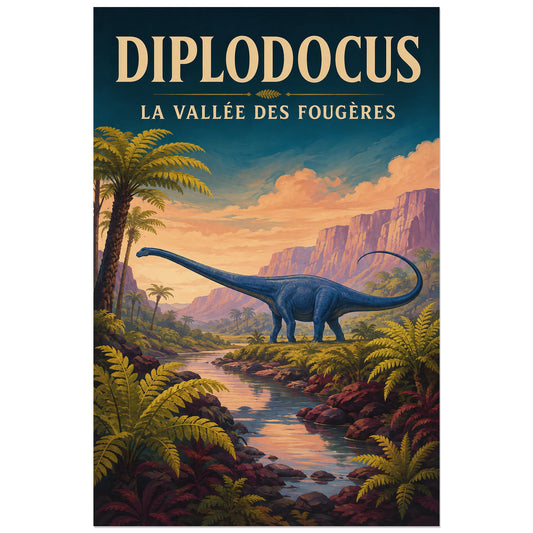 Affiche Diplodocus – La vallée des fougères, gouache paysagère / affiche vintage verticale, format 30 × 45 cm