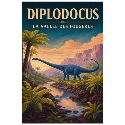 Affiche Diplodocus – La vallée des fougères, gouache paysagère / affiche vintage verticale, format 60 × 90 cm