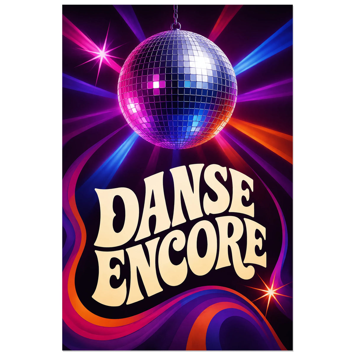 Typographie rétro ivoire sous une boule à facettes sur fond aubergine, affiche 40 × 60 cm