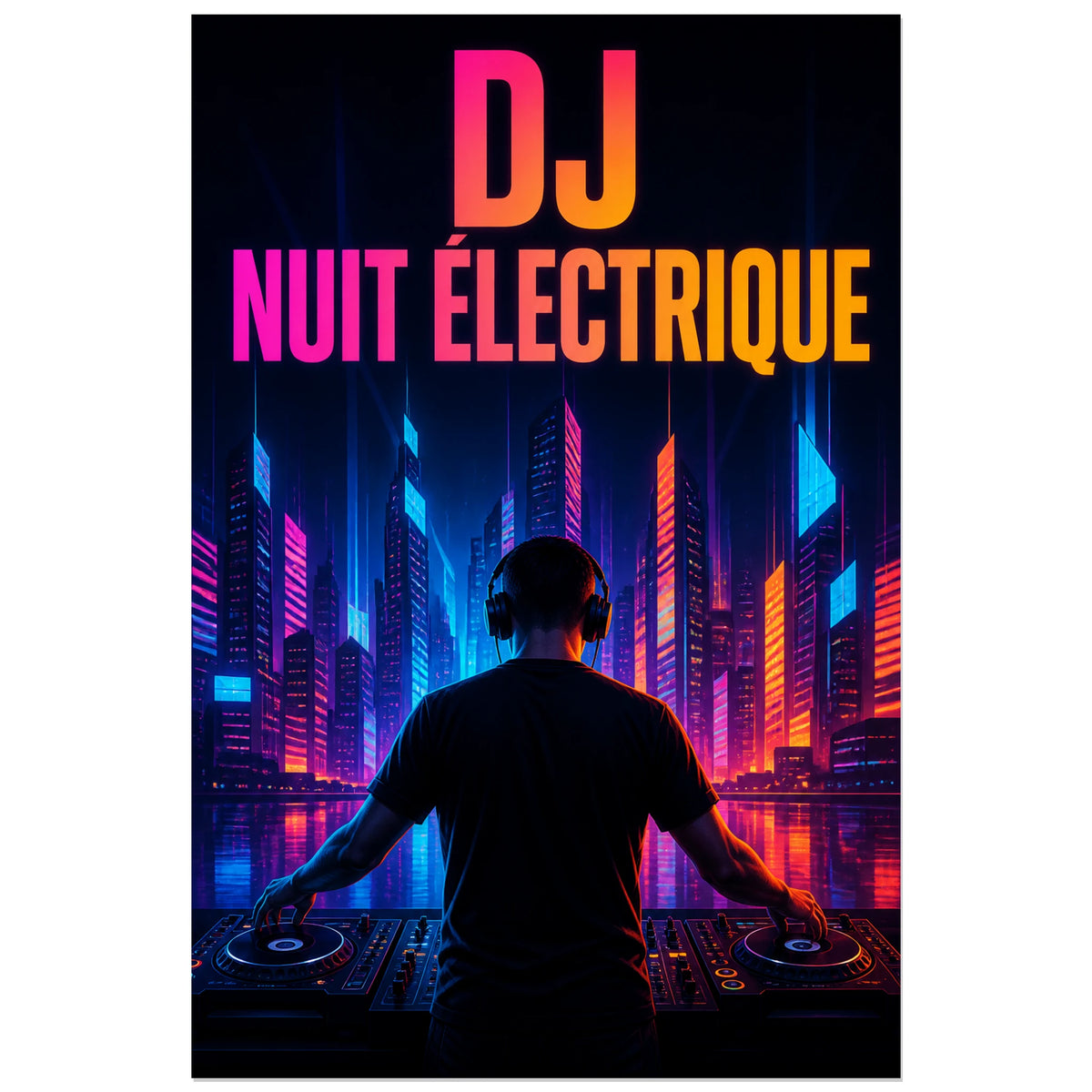Affiche DJ - Nuit electrique, illustration editoriale nocturne neon verticale, format 30 × 45 cm
