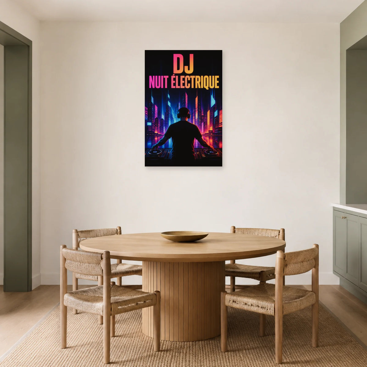 Affiche DJ - Nuit electrique dans une salle à manger - Art Virtuoso