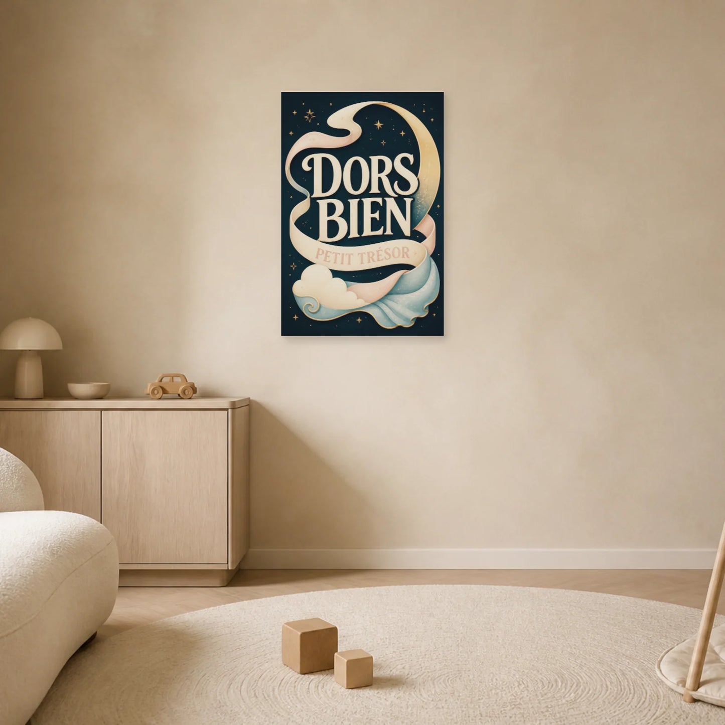 Affiche Dors Bien – Petit Trésor dans un salon - Art Virtuoso