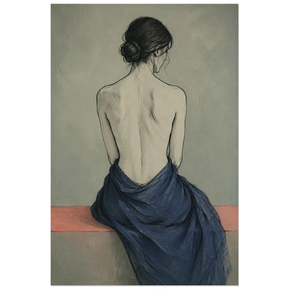 Figure assise sur assise corail et fond sauge, affiche 60 × 90 cm