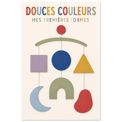 Affiche Douces Couleurs – Mes Premières Formes, illustration éditoriale verticale, format 60 × 90 cm