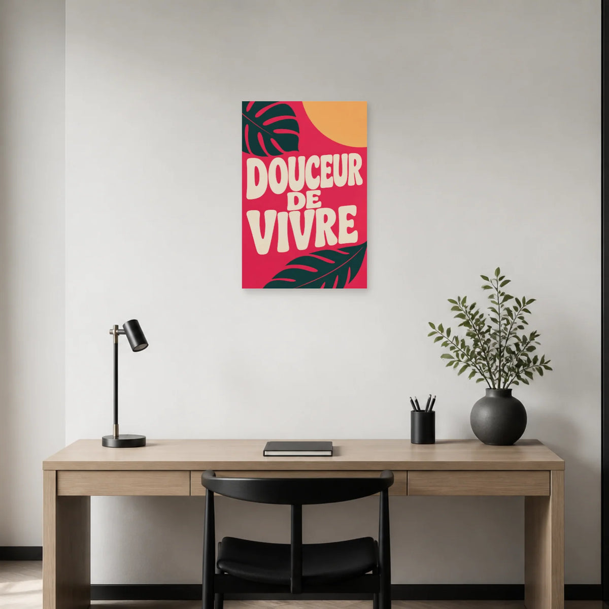 Affiche Douceur de vivre – Feuillage framboise dans un bureau - Art Virtuoso
