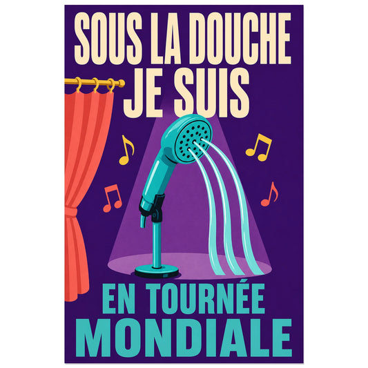 Affiche Sous la douche – Tournée mondiale, affiche rétro-pop humoristique à scène musicale verticale, format 30 × 45 cm