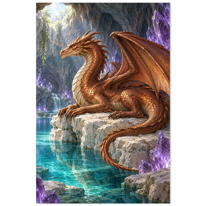 Affiche dragon cuivré et cristaux violets, format 30 × 45 cm