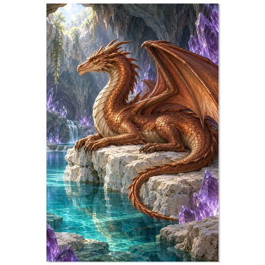 Affiche dragon cuivré et cristaux violets, format 30 × 45 cm