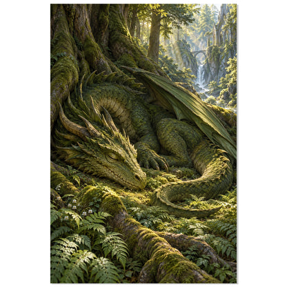 Affiche 40 × 60 cm avec dragon vert lové dans les fougères