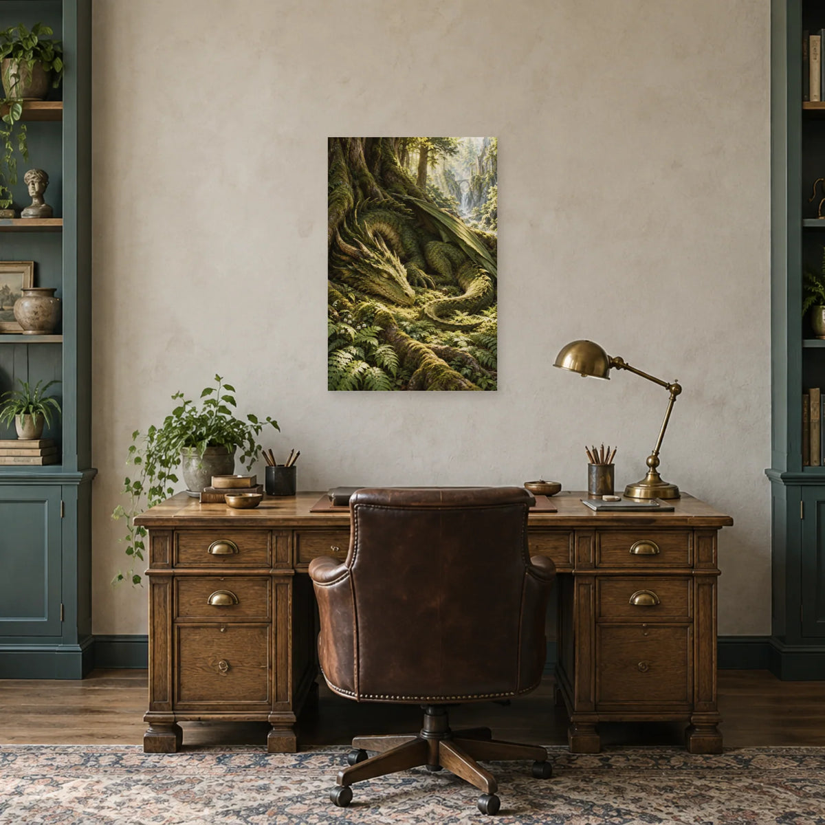 Affiche dragon de forêt parmi les racines dans un bureau - Art Virtuoso
