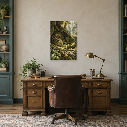 Affiche dragon de forêt parmi les racines dans un bureau - Art Virtuoso