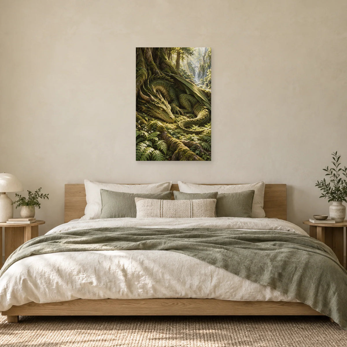 Affiche dragon de forêt parmi les racines dans une chambre - Art Virtuoso