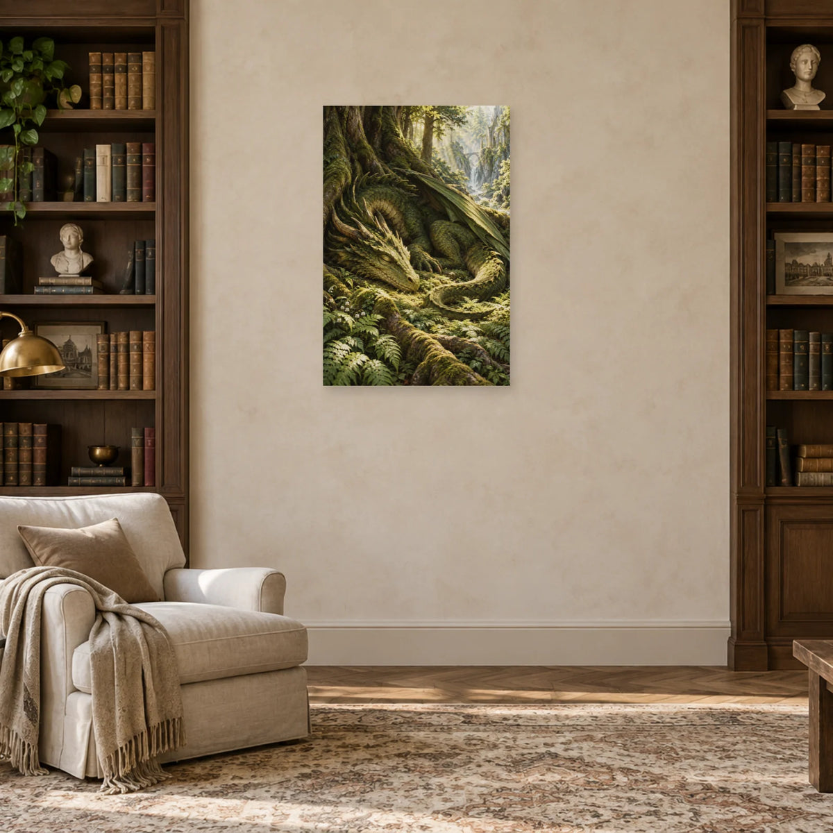 Affiche dragon de forêt parmi les racines dans un salon - Art Virtuoso