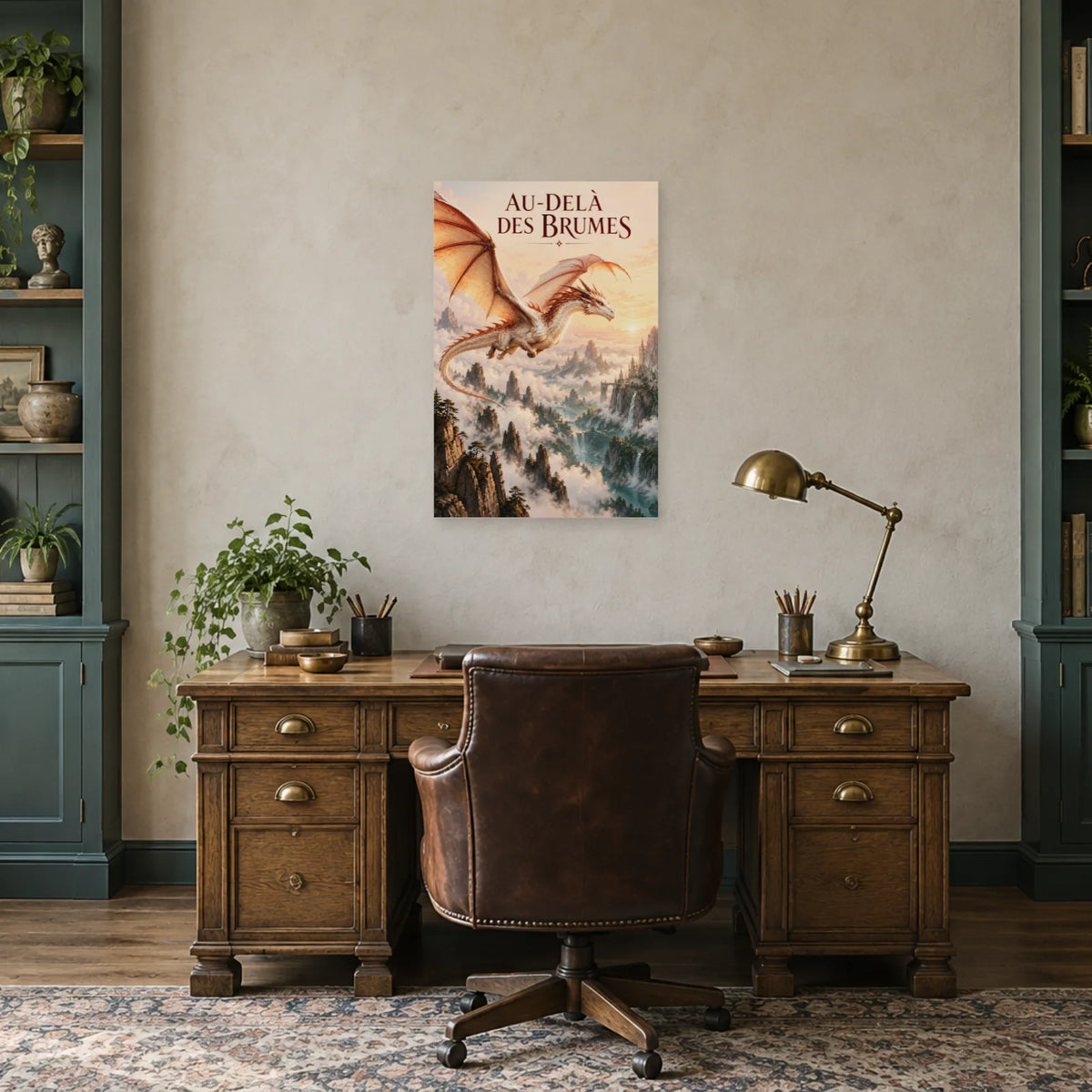 Affiche dragon en vol au-dessus des brumes dans un bureau - Art Virtuoso