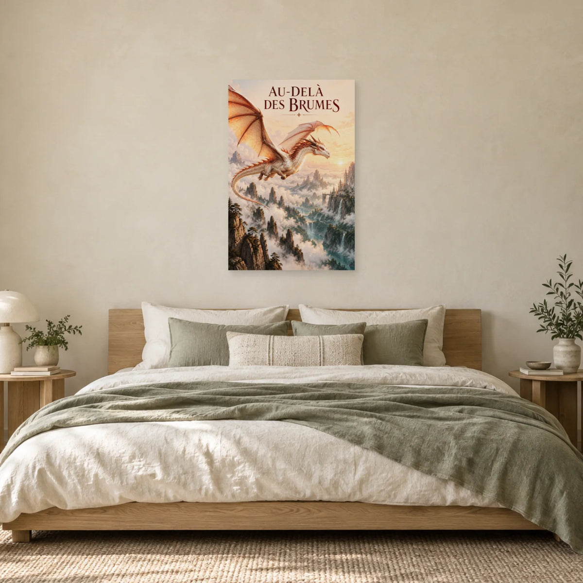 Affiche dragon en vol au-dessus des brumes dans une chambre - Art Virtuoso