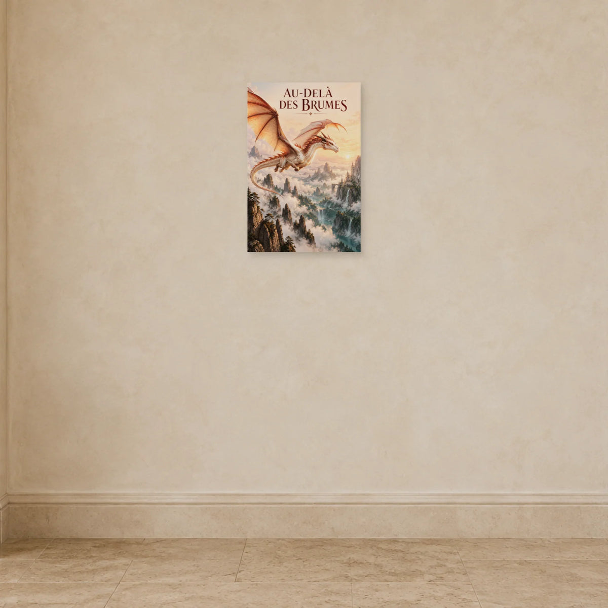 Affiche dragon en vol au-dessus des brumes dans une entrée ou un couloir - Art Virtuoso