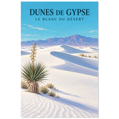 Affiche Dunes de gypse – Le blanc du désert, illustration de voyage / paysage peint lumineux / inspiration vintage verticale, format 30 × 45 cm