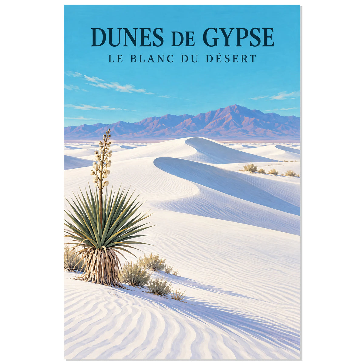 Affiche Dunes de gypse – Le blanc du désert, illustration de voyage / paysage peint lumineux / inspiration vintage verticale, format 60 × 90 cm