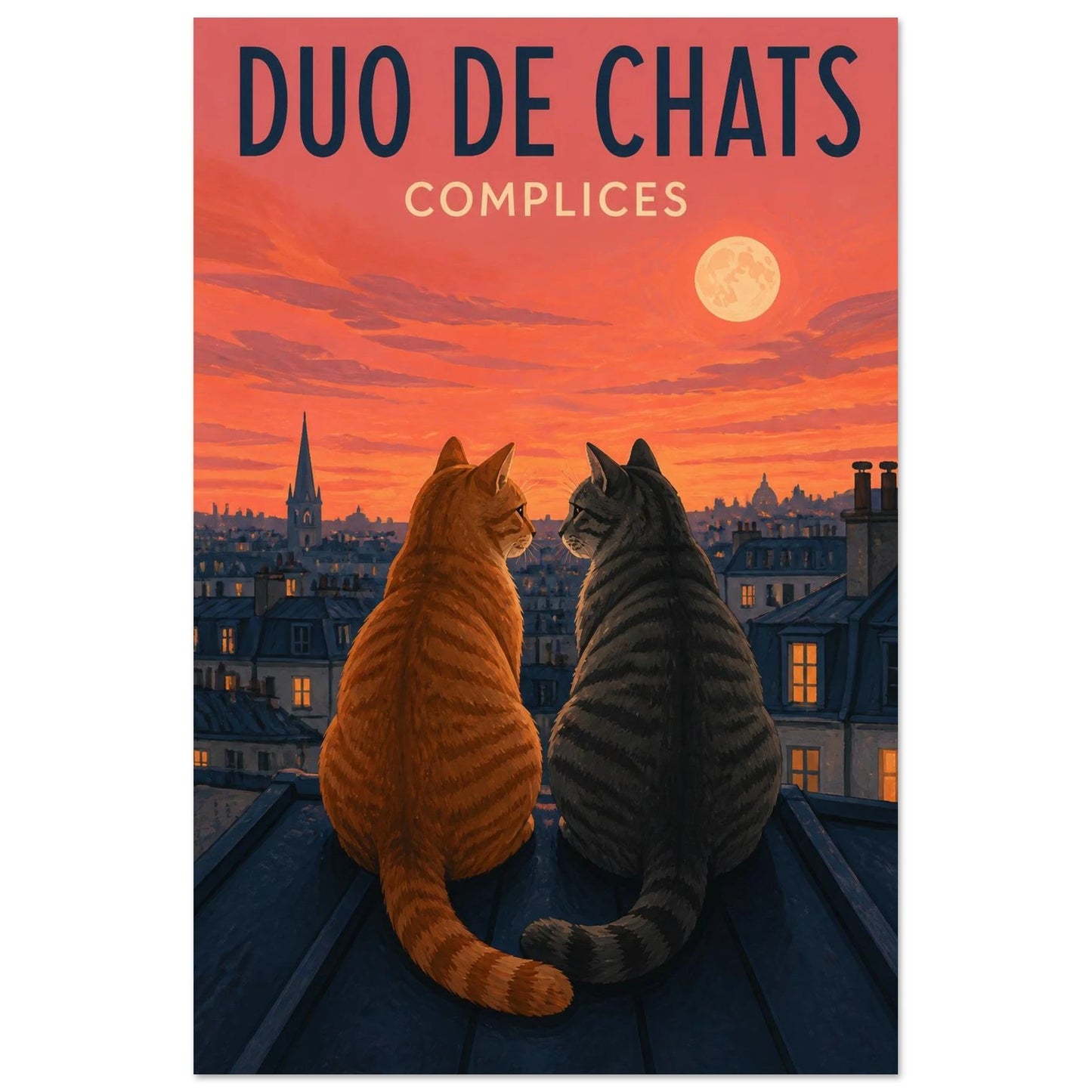 Affiche Duo de Chats – Complices, gouache contemporaine verticale, format 30 × 45 cm