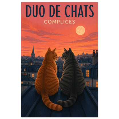 Affiche Duo de Chats – Complices, gouache contemporaine verticale, format 30 × 45 cm