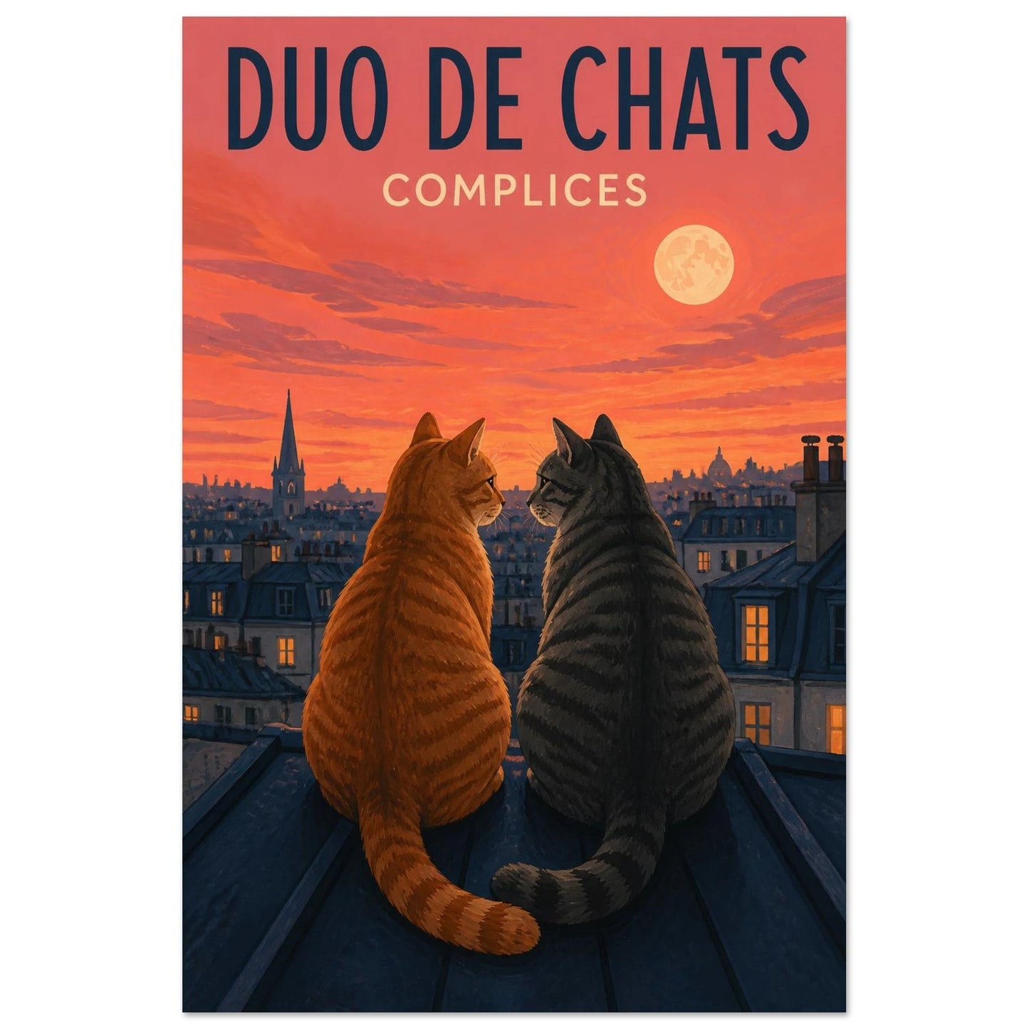 Affiche Duo de Chats – Complices, gouache contemporaine verticale, format 40 × 60 cm