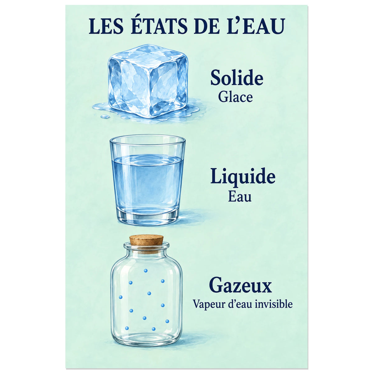 Trois états de l'eau en dessins légendés, affiche 30 × 45 cm