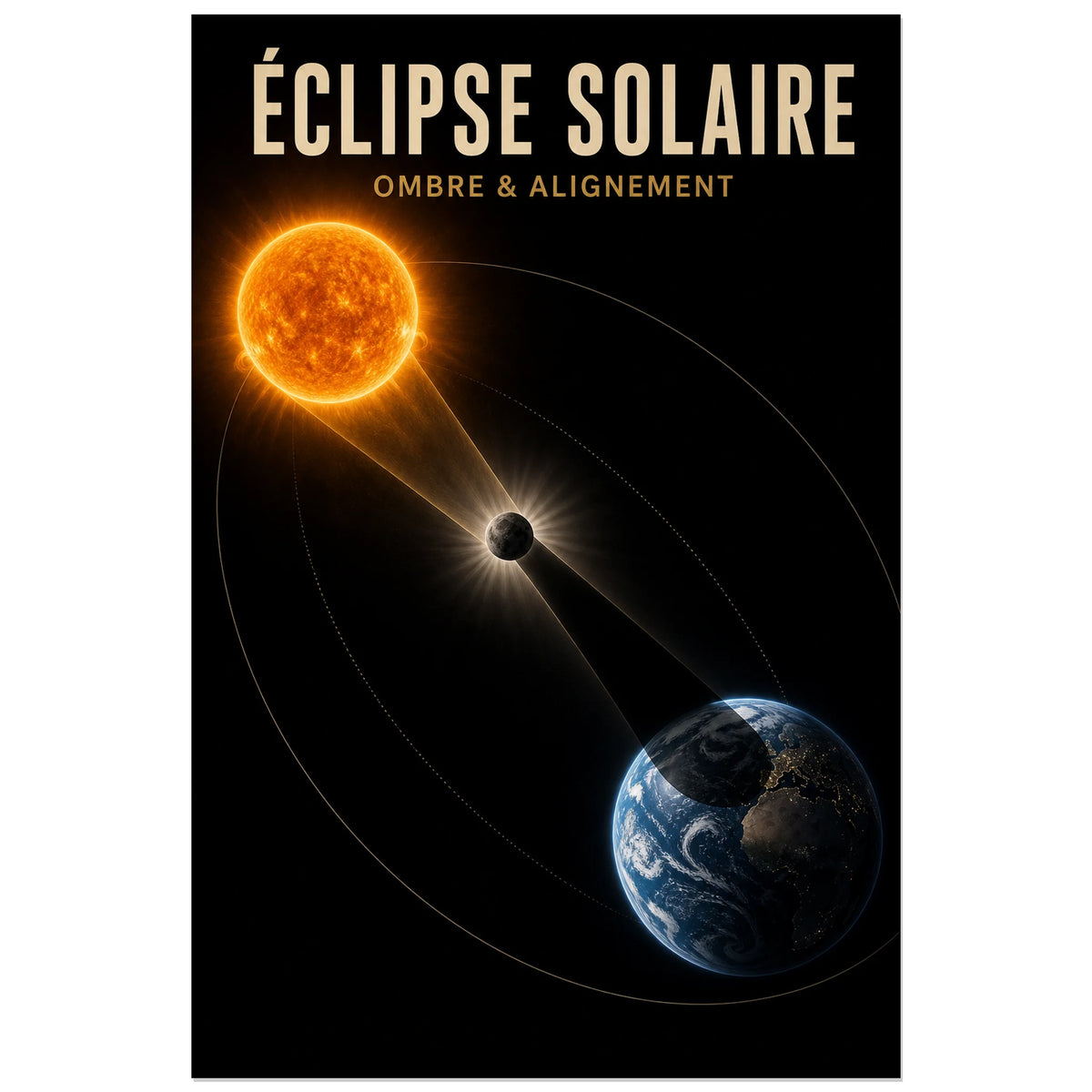 Affiche Éclipse solaire – Ombre et alignement, diagramme astronomique réaliste et éditorial verticale, format 30 × 45 cm