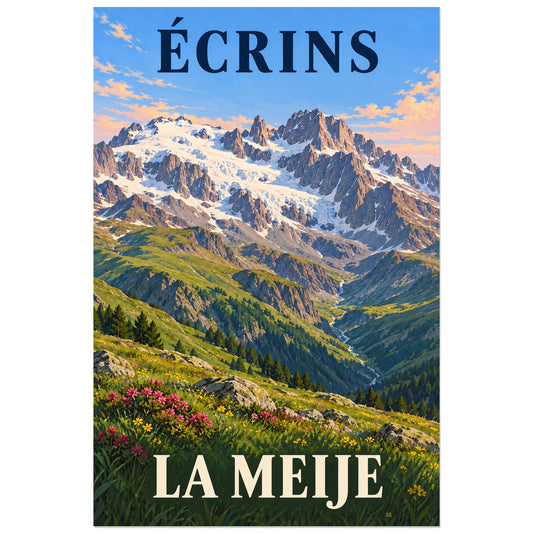 Affiche Écrins – La Meije, illustration peinte / affiche touristique néo-vintage verticale, format 30 × 45 cm