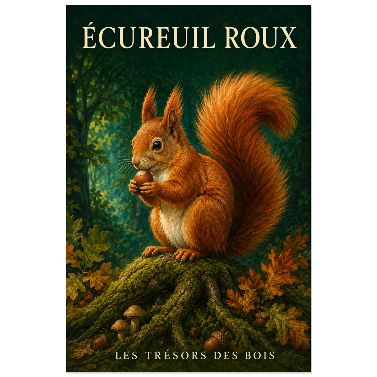 Affiche Écureuil roux, les trésors des bois, illustration naturaliste peinte à typographie intégrée verticale, format 30 × 45 cm