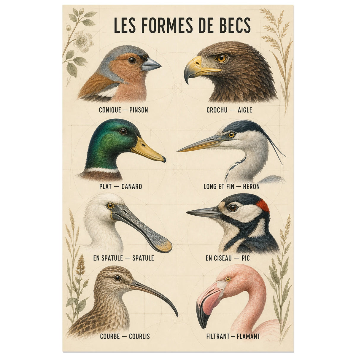 Affiche Les formes de becs des oiseaux, planche scientifique contemporaine en gouache et crayon coloré verticale, format 30 × 45 cm