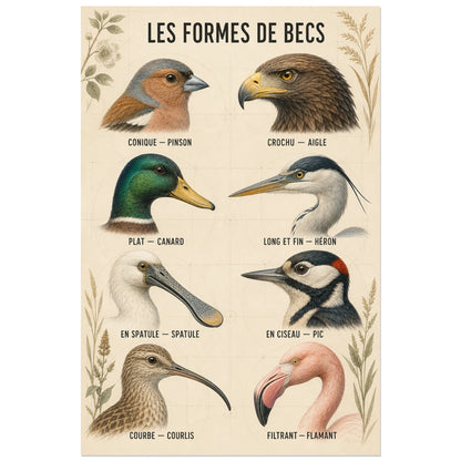 Affiche Les formes de becs des oiseaux, planche scientifique contemporaine en gouache et crayon coloré verticale, format 60 × 90 cm
