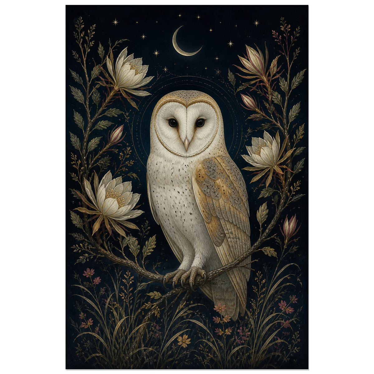 Affiche Effraie des clochers - Nuit botanique, illustration botanique nocturne élégante et finement détaillée verticale, format 30 × 45 cm