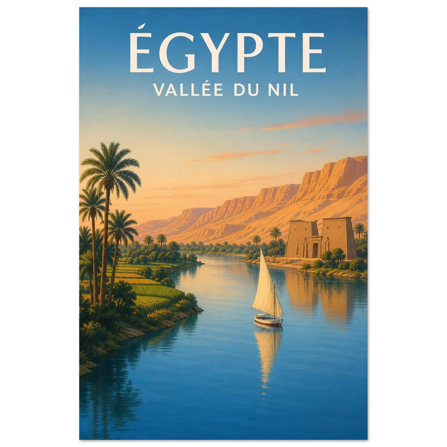 Affiche Égypte – Vallée du Nil, lithographie de voyage contemporaine à lumière douce verticale, format 30 × 45 cm
