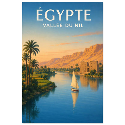 Affiche Égypte – Vallée du Nil, lithographie de voyage contemporaine à lumière douce verticale, format 40 × 60 cm
