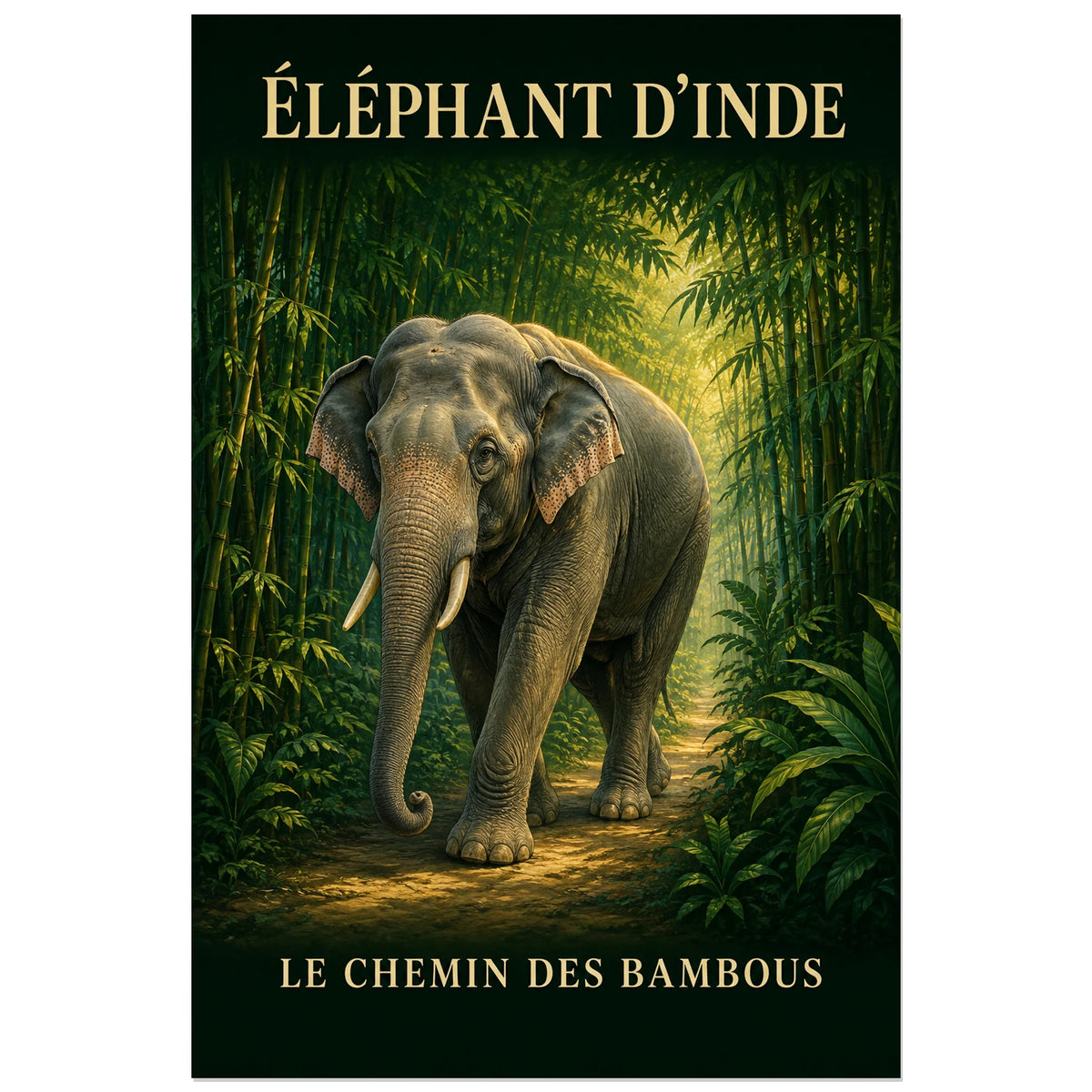 Affiche Éléphant d’Inde, le chemin des bambous, illustration naturaliste peinte à typographie intégrée verticale, format 30 × 45 cm