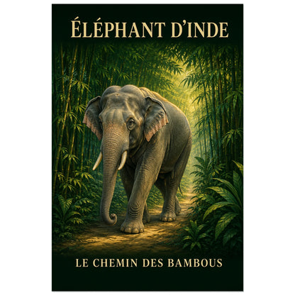 Affiche Éléphant d’Inde, le chemin des bambous, illustration naturaliste peinte à typographie intégrée verticale, format 30 × 45 cm