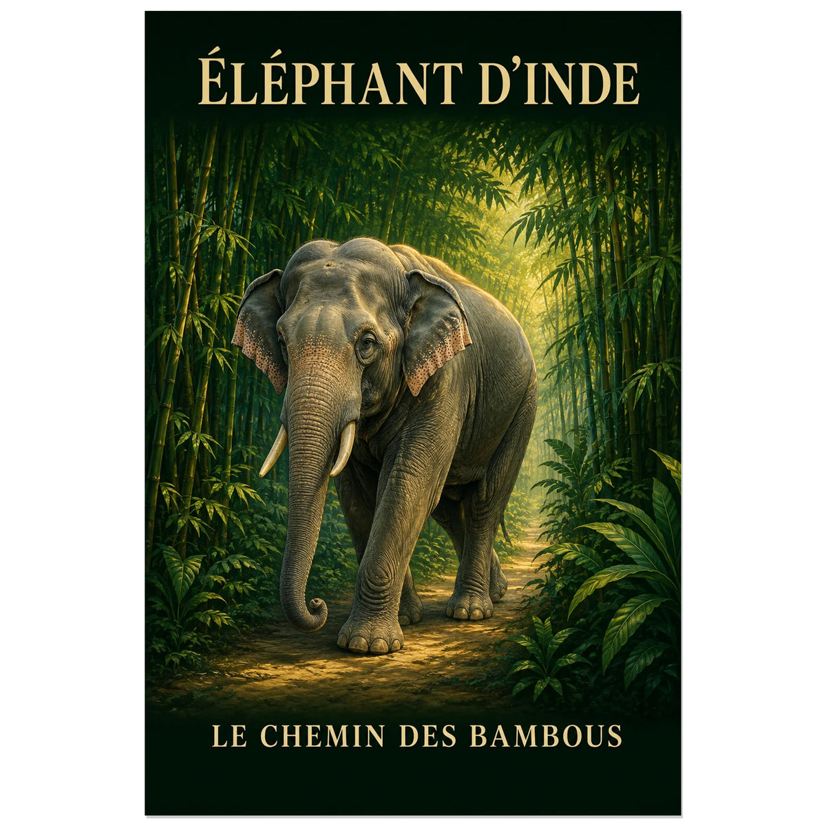 Affiche Éléphant d’Inde, le chemin des bambous, illustration naturaliste peinte à typographie intégrée verticale, format 40 × 60 cm