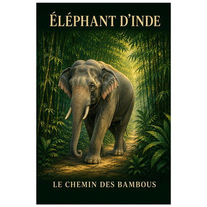 Affiche Éléphant d’Inde, le chemin des bambous, illustration naturaliste peinte à typographie intégrée verticale, format 60 × 90 cm