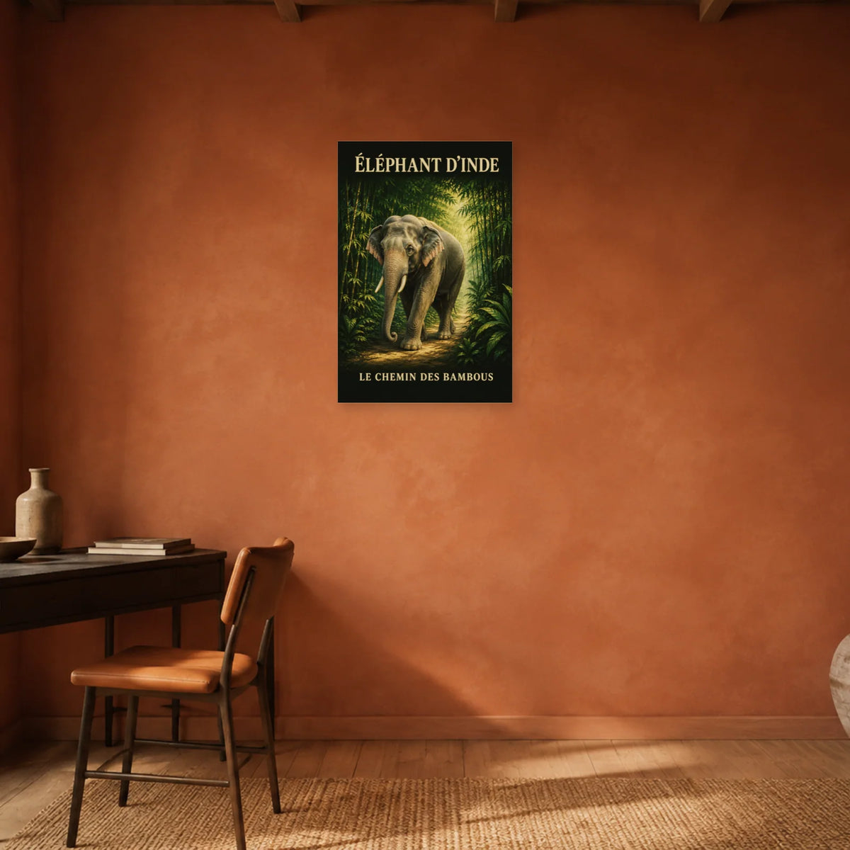 Affiche Éléphant d’Inde, le chemin des bambous dans un bureau - Art Virtuoso