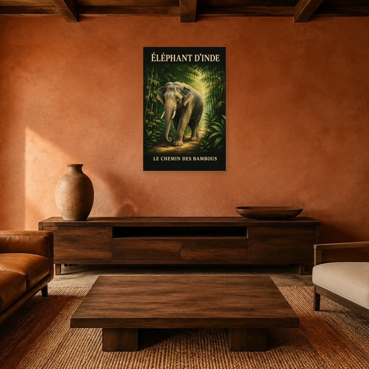Affiche Éléphant d’Inde, le chemin des bambous dans un salon - Art Virtuoso