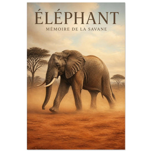 Affiche Éléphant – Mémoire de la Savane, illustration éditoriale verticale, format 30 × 45 cm