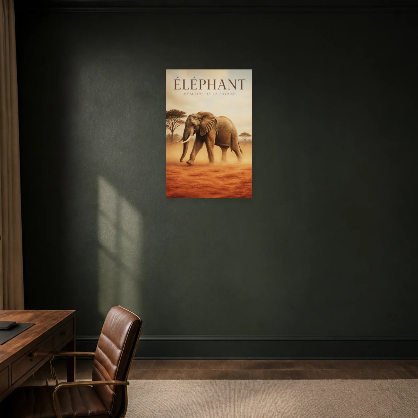 Affiche Éléphant – Mémoire de la Savane dans un bureau - Art Virtuoso