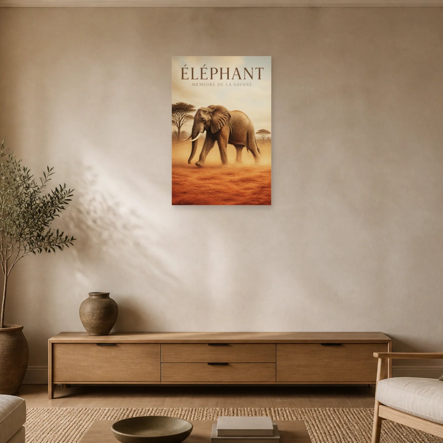 Affiche Éléphant – Mémoire de la Savane dans un salon - Art Virtuoso