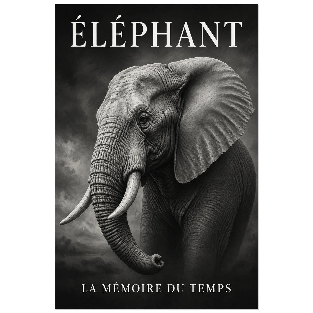 Affiche Éléphant noir et blanc, la mémoire du temps, peinture naturaliste en grisaille à typographie intégrée verticale, format 30 × 45 cm
