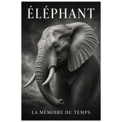 Affiche Éléphant noir et blanc, la mémoire du temps, peinture naturaliste en grisaille à typographie intégrée verticale, format 30 × 45 cm