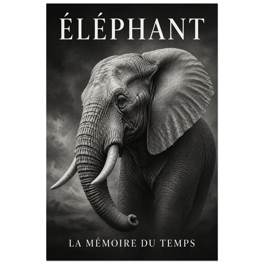 Affiche Éléphant noir et blanc, la mémoire du temps, peinture naturaliste en grisaille à typographie intégrée verticale, format 30 × 45 cm